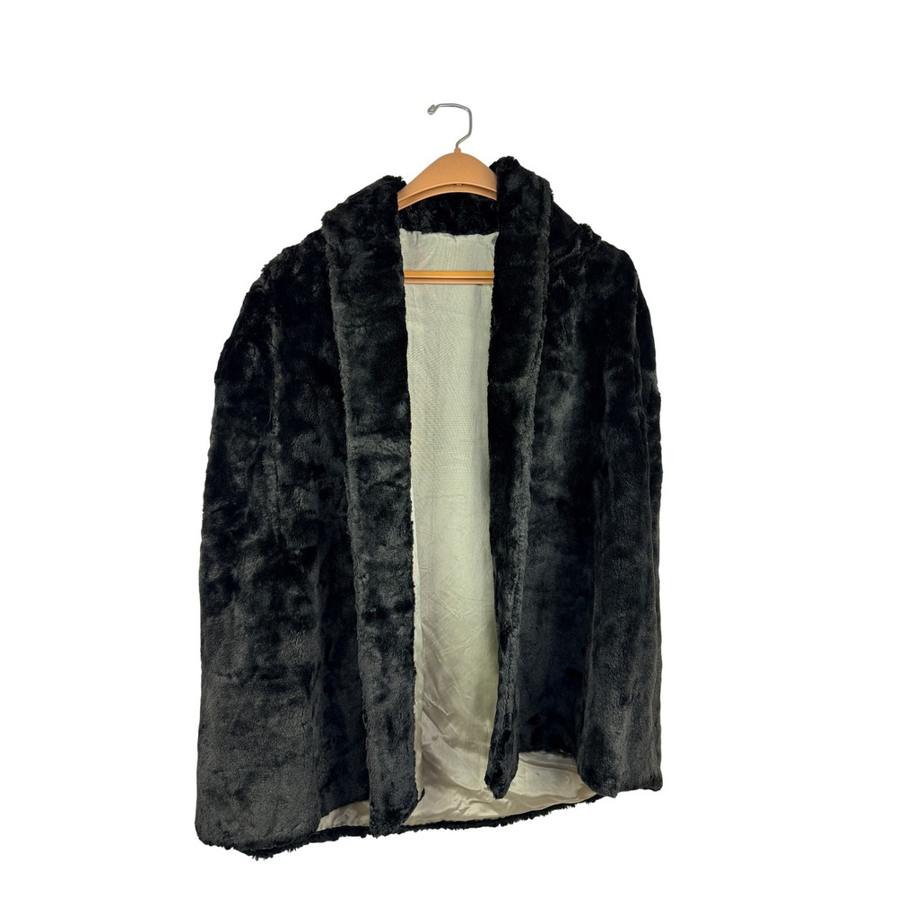 Vintage Black Fur Coat Mid Length Shawl Collar Open Front Jacket